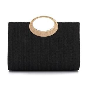 Straw Top Handle Clutch Purse Summer Beach Evening Handbag Women Black